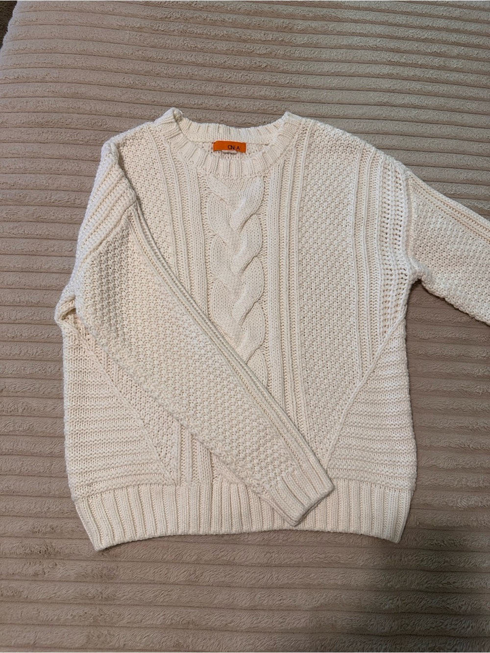 One A Cream Cable-Stitch Crewneck Sweater